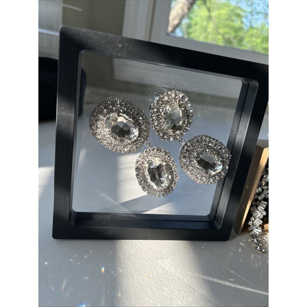 Pageant Prom Earrings Large Rhinestone Crystal Silver Clear Lot Drag Chandelier - Picture 2 of 13